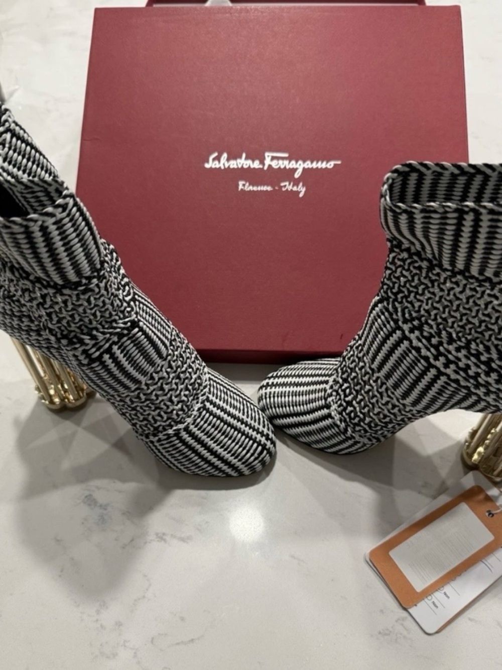 Salvatore Ferragamo Black & White Patterned Sock Boot with Gold Heel